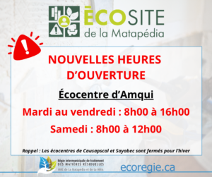 Horaire 2026 Écocentre d'Amqui