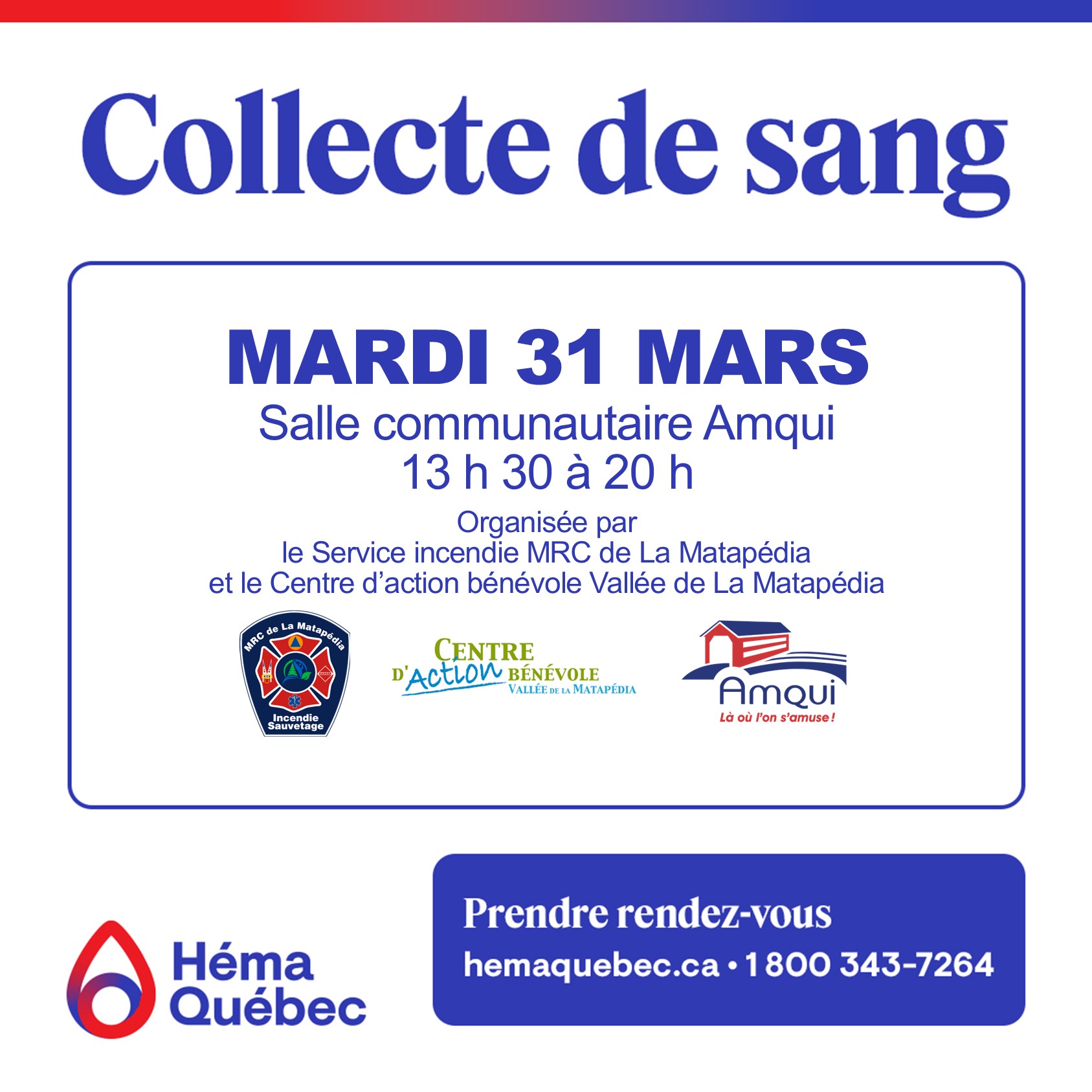 collecte de sang Amqui 31 mars 2026